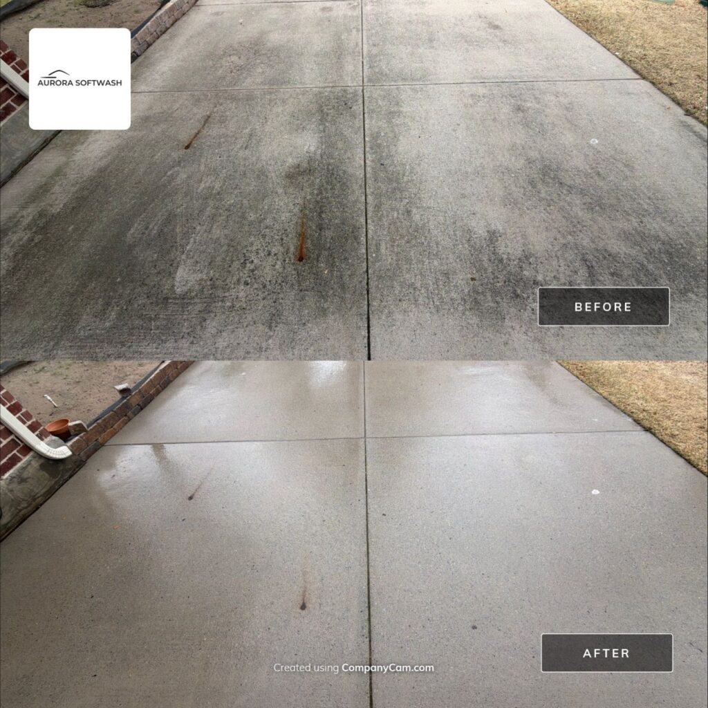 Black mold removal from concrete driveway in Allen Texas by Aurora Softwash
