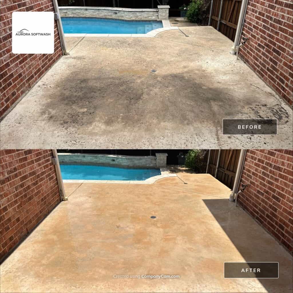 Concrete patio cleaning removing dirt buildup in Allen Texas by Aurora Softwash