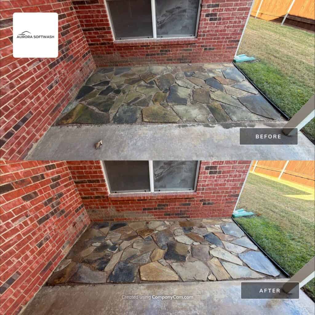 Dirty stone patio cleaning in Allen Texas by Aurora Softwash