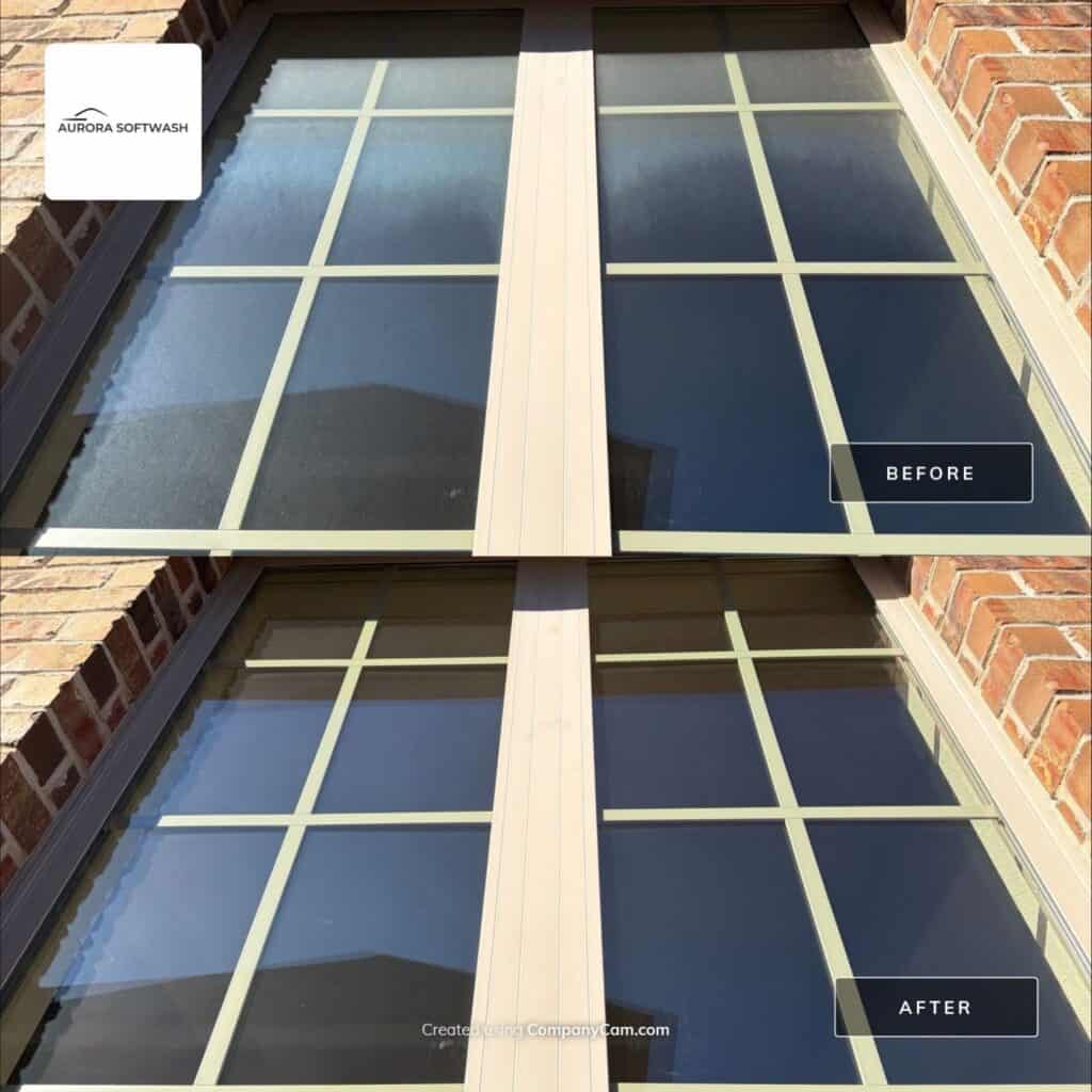 Residential window cleaning removing dirt and water spots in Allen Texas