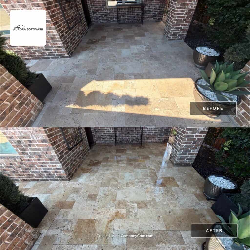 Dusty patio pressure washing in Allen Texas by Aurora Softwash