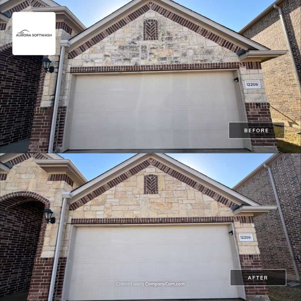 Front limestone exterior cleaning in Allen Texas by Aurora Softwash
