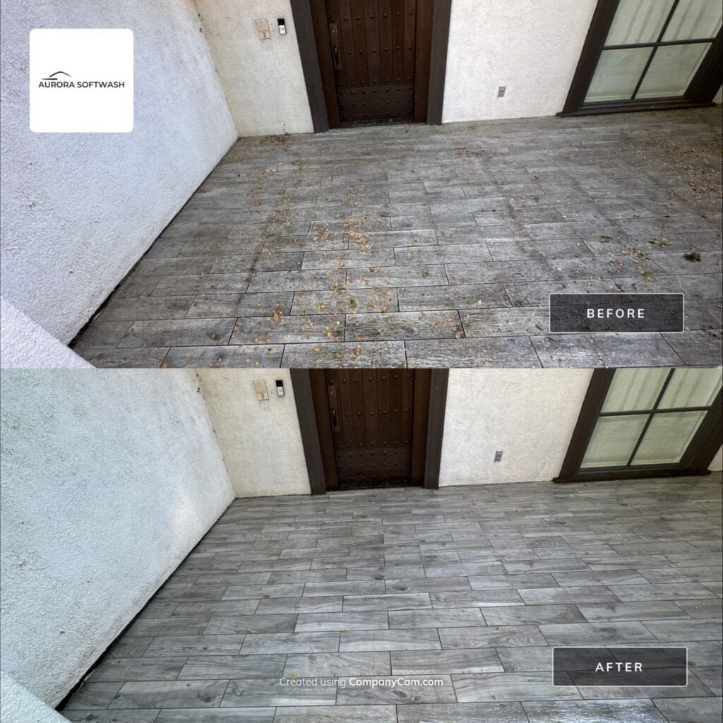 Front porch pressure washing removing black mold in Allen Texas