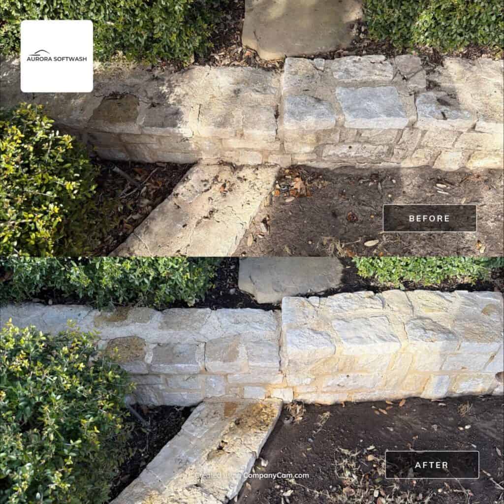 Natural stone retaining wall cleaning in Allen Texas by Aurora Softwash