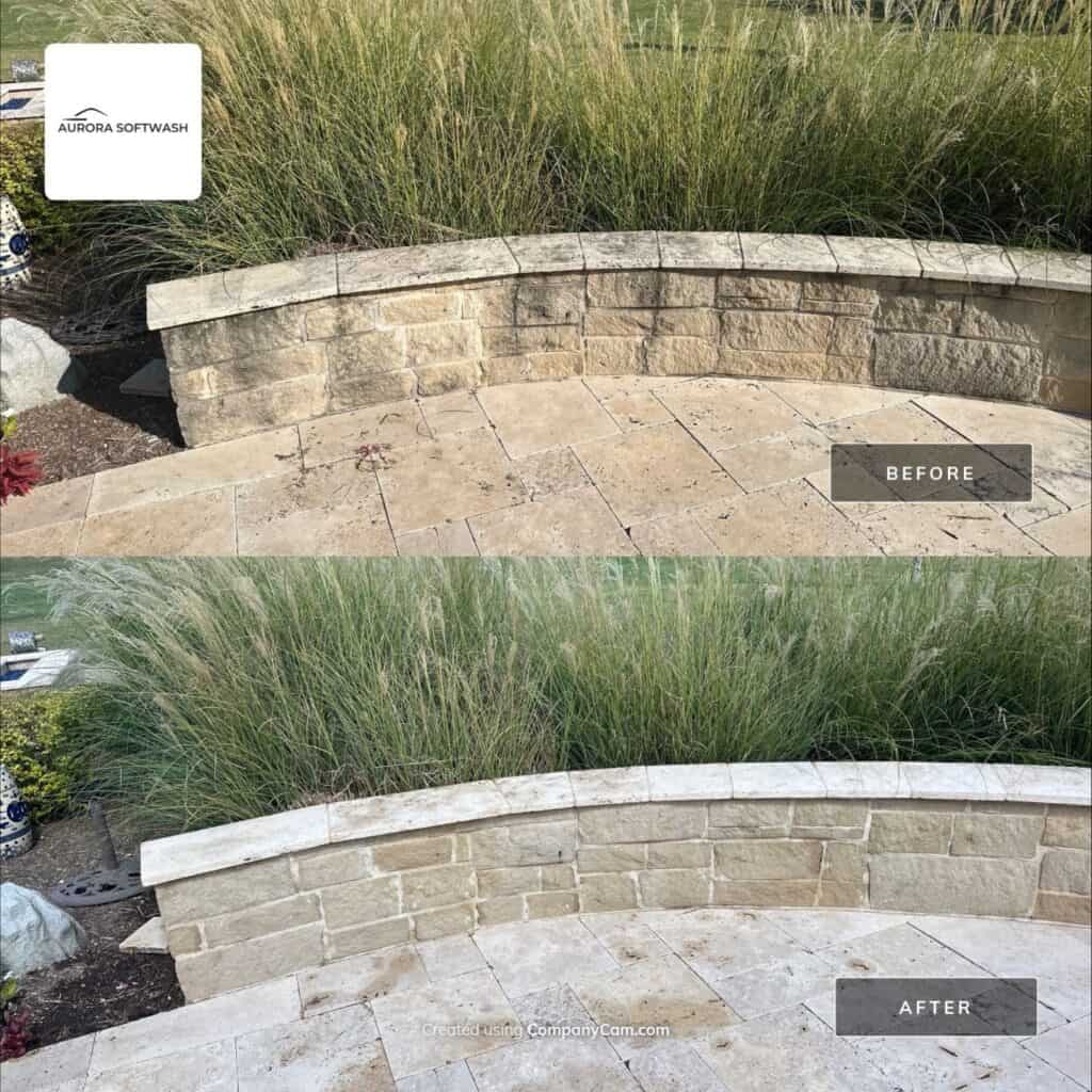 Patio retaining wall cleaning in Allen Texas by Aurora Softwash