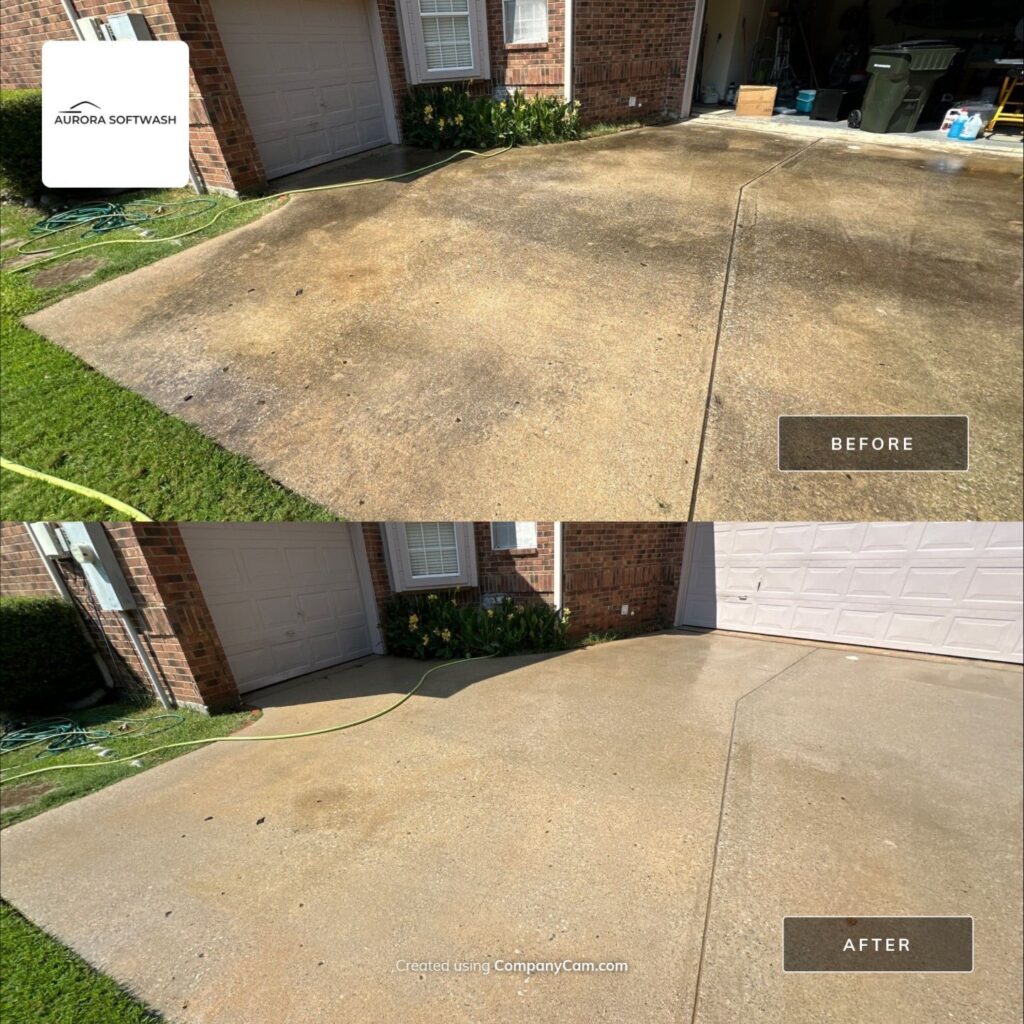Pressure washing dirty concrete driveway in Allen Texas by Aurora Softwash