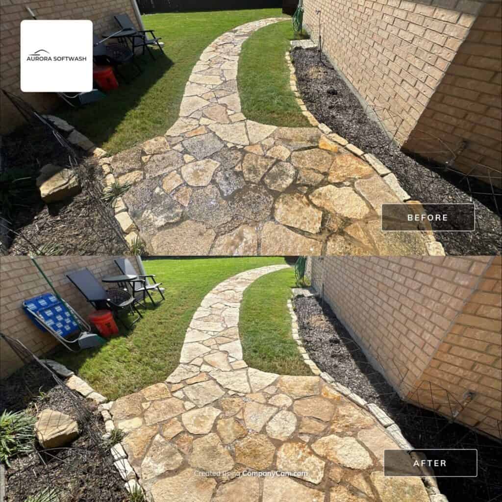 Natural stone patio cleaning in Allen Texas by Aurora Softwash