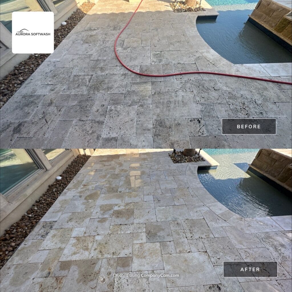 Travertine patio pressure washing in Allen Texas by Aurora Softwash